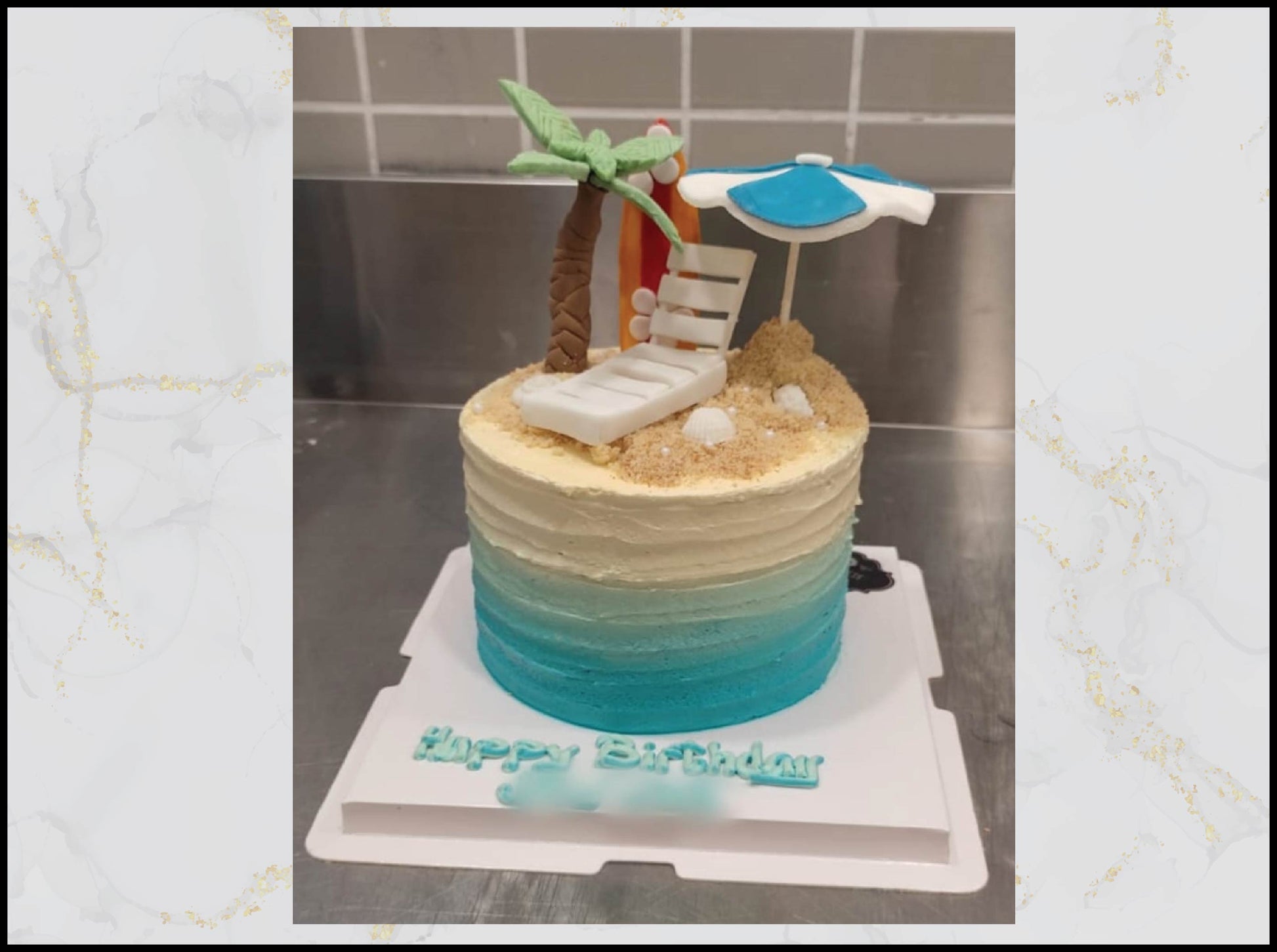 Beach theme birthday cake with tropical seaside design in Macau