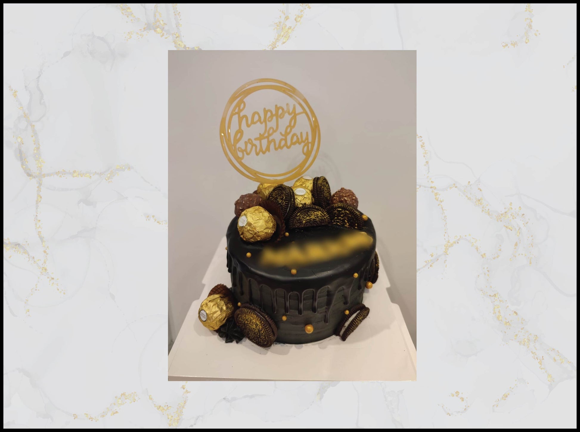 Black and Gold Birthday Cake with elegant design in Macau
