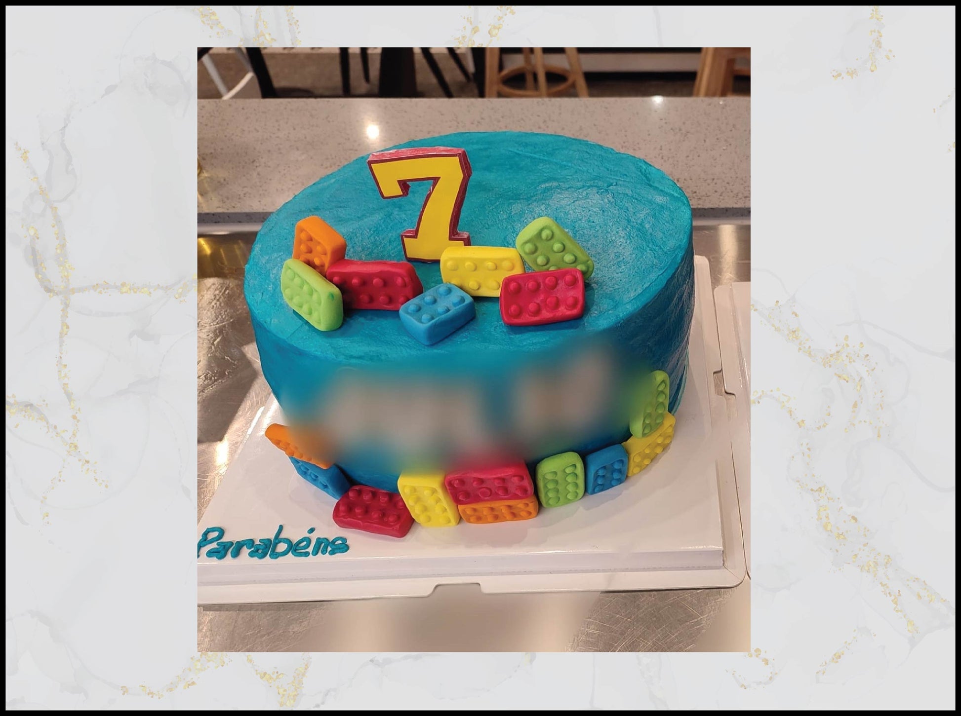 Blue Lego birthday cake with colorful building block design in Macau