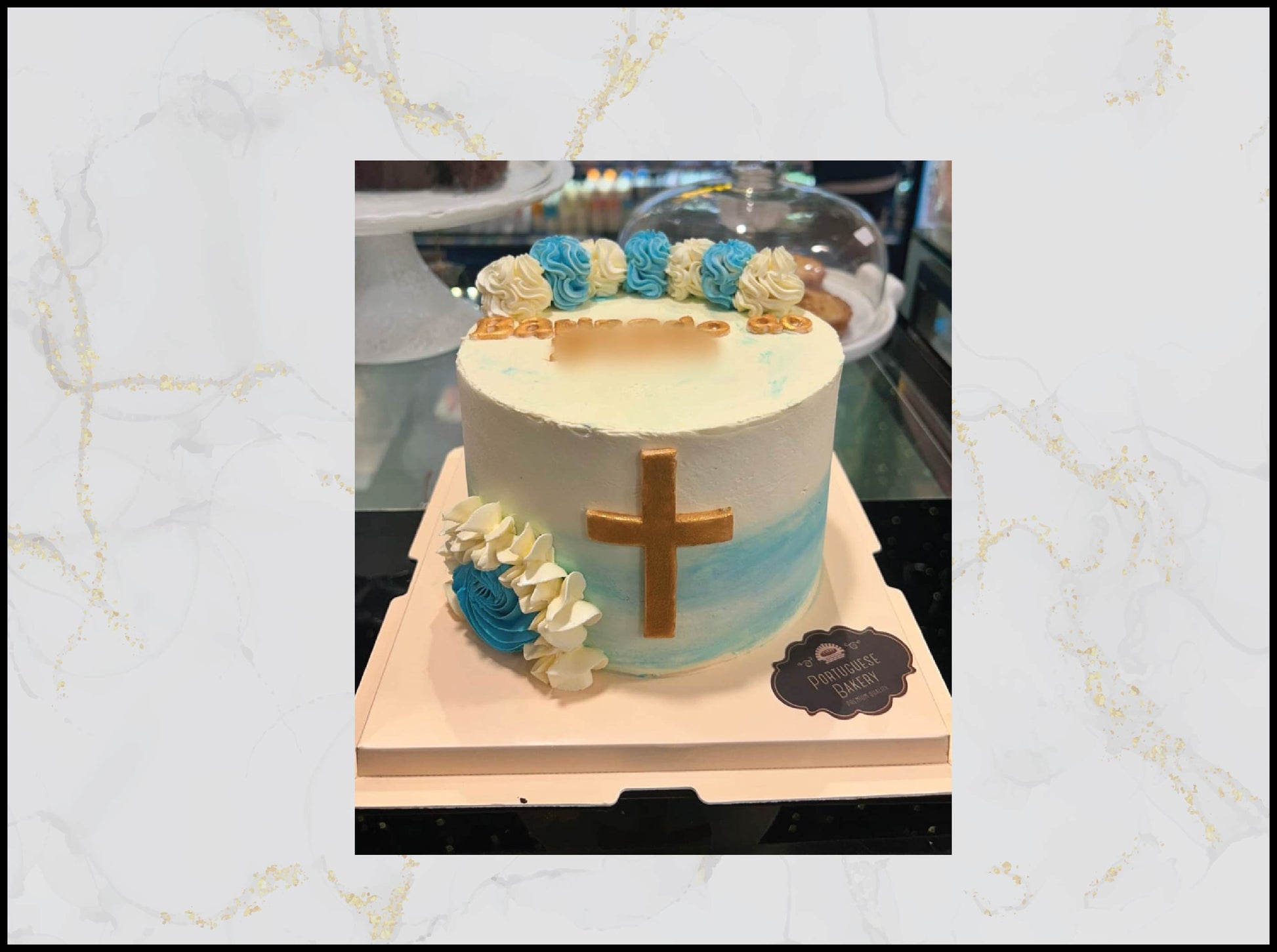 Cake with floral decorations and a cross christening cake macau