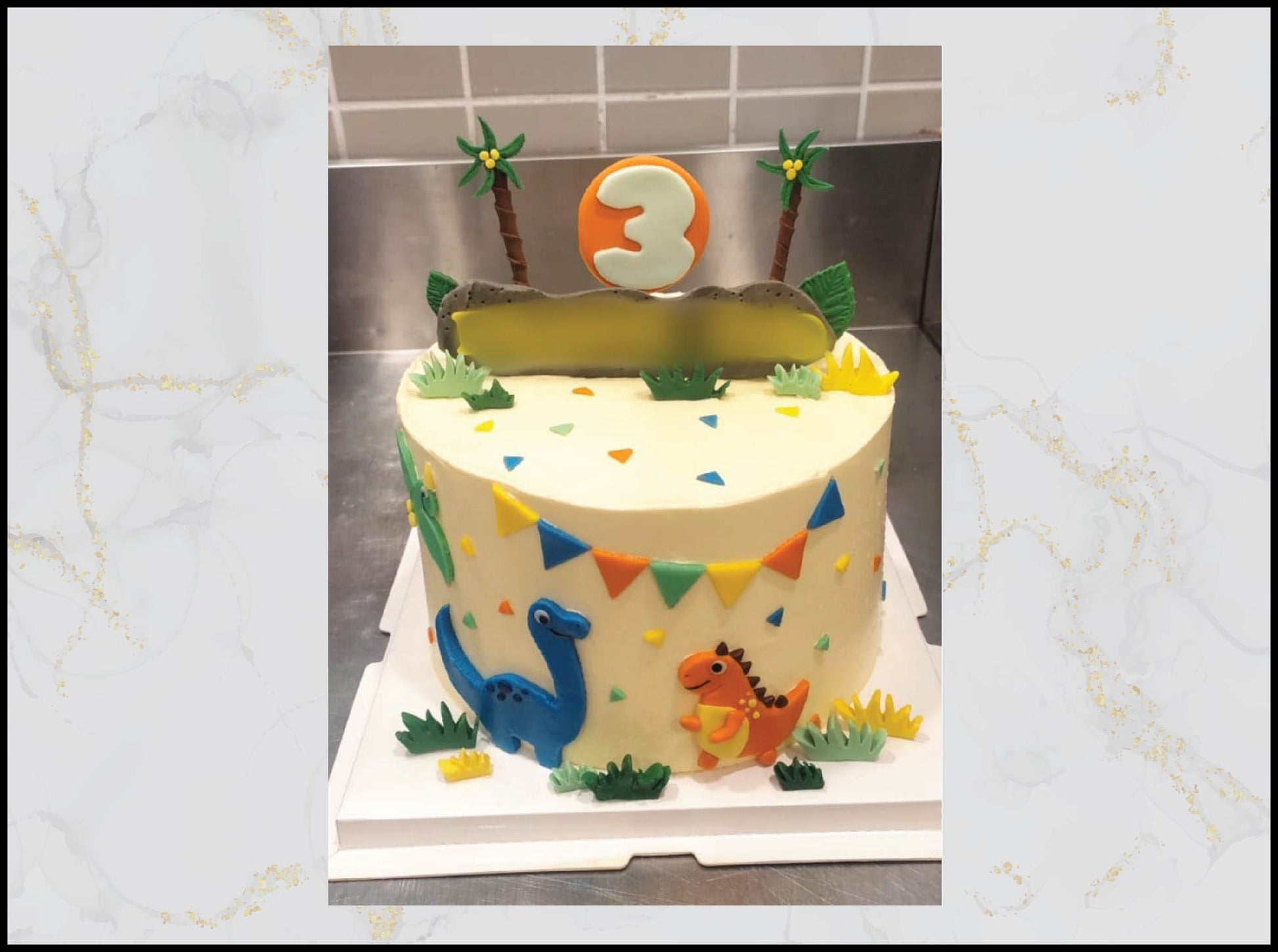 Dinosaur customized cake with jungle and volcano birthday theme in Macau