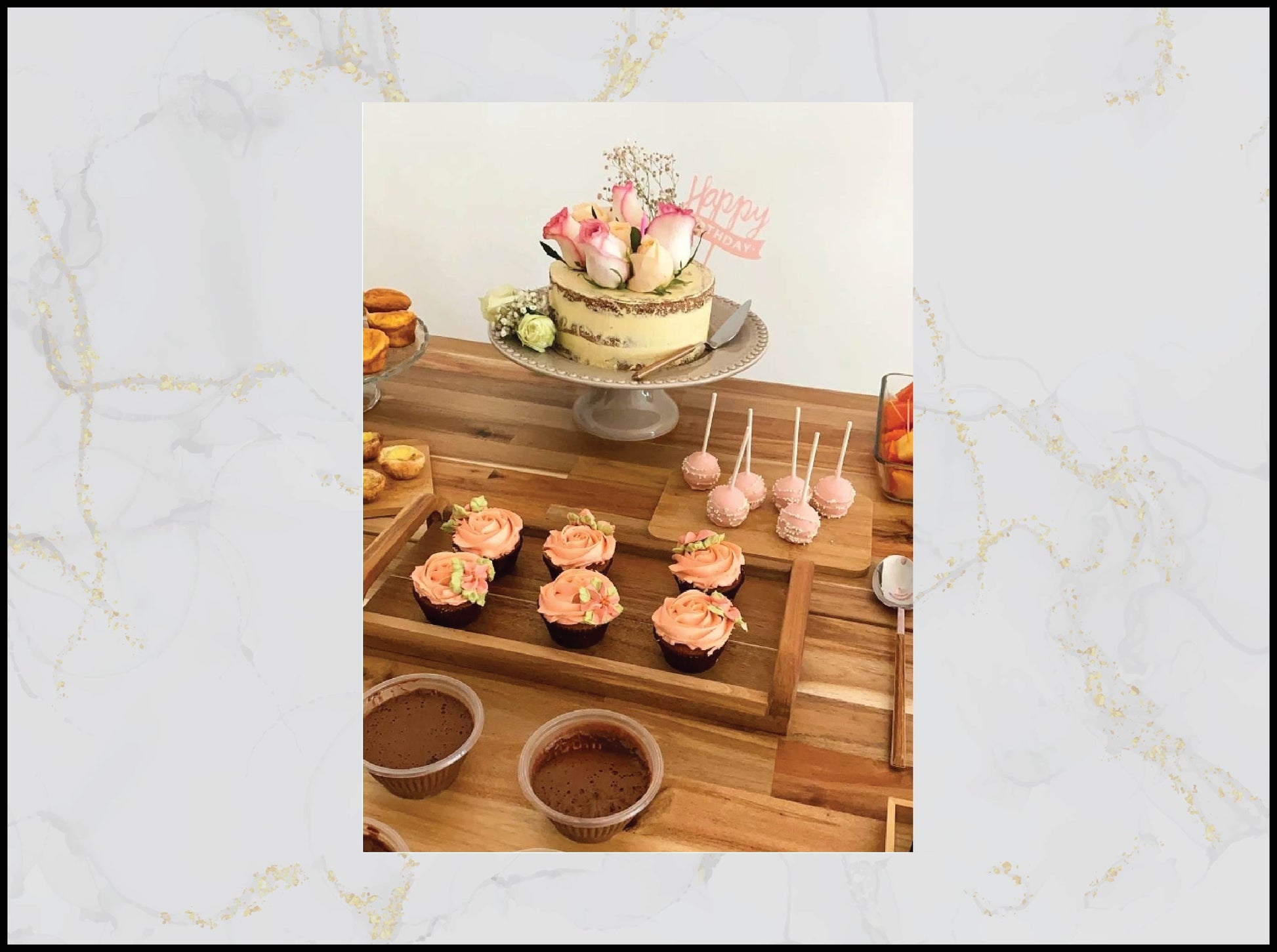 Floral cake, cake pops, and cupcakes catering with elegant pastel flower design in Macau