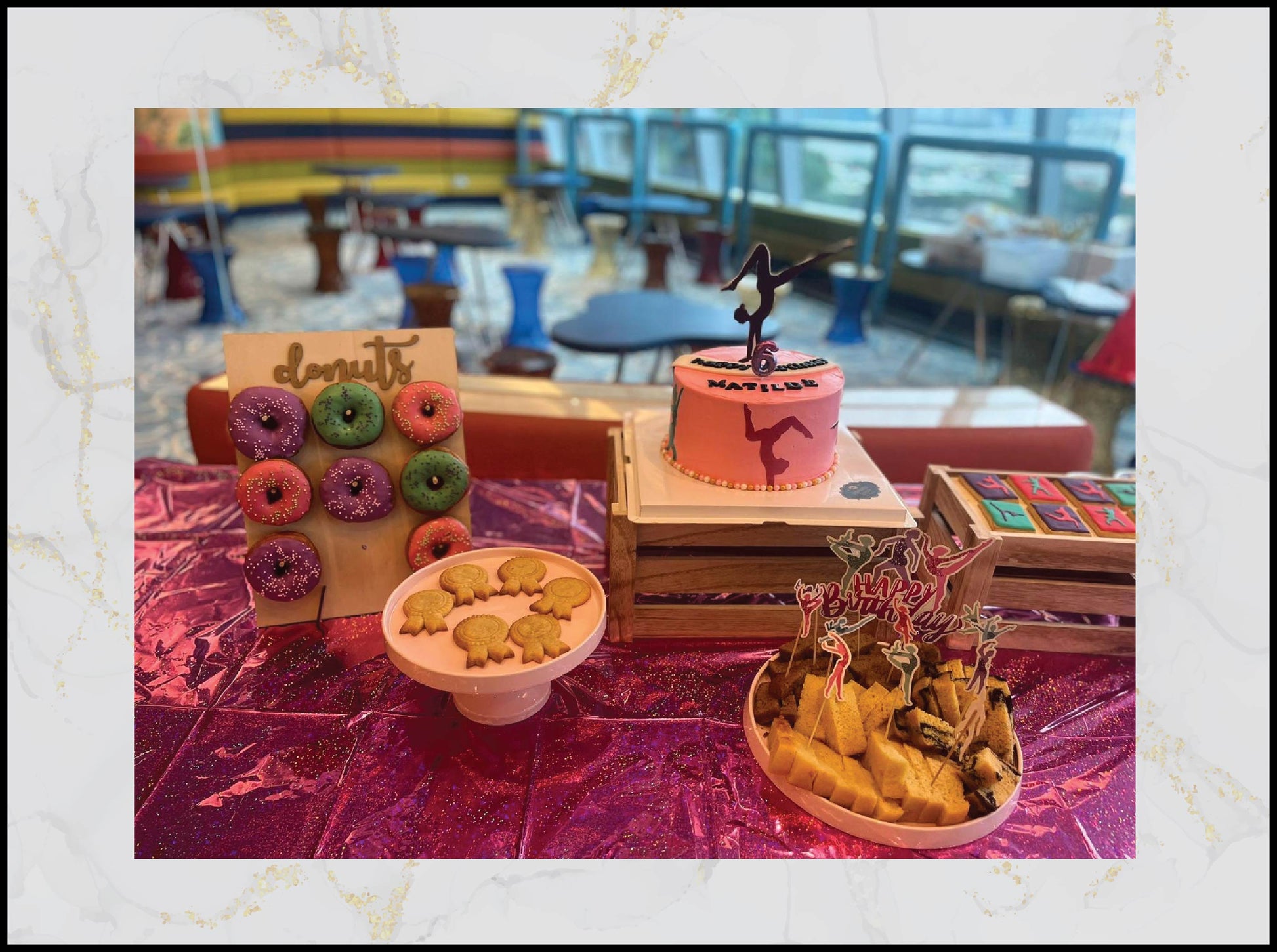 Girl gymnastic birthday catering with themed cakes, cupcakes, and cookies in Macau
