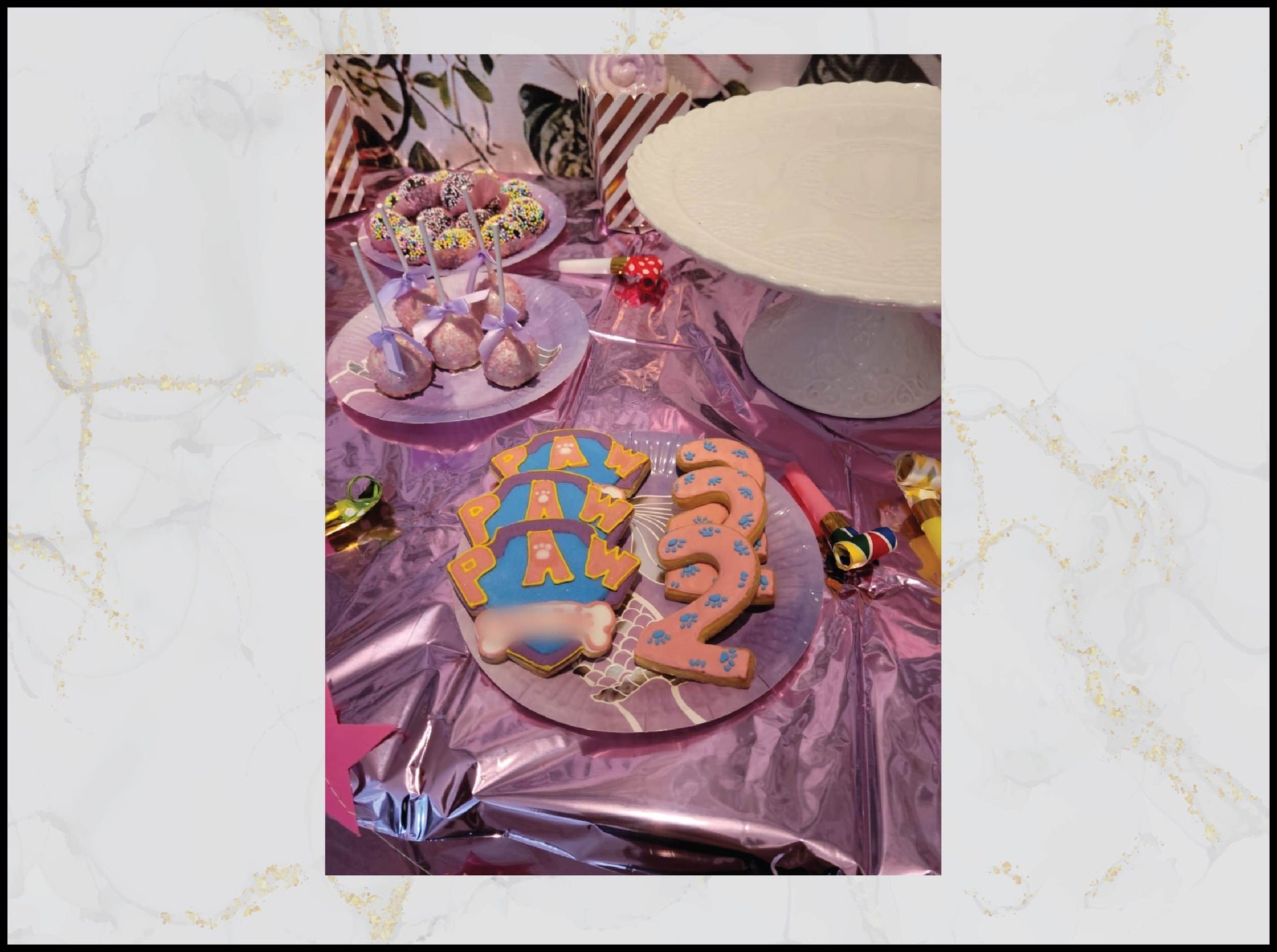 Girl Paw Patrol cookies and cake pops with pink birthday theme in Macau