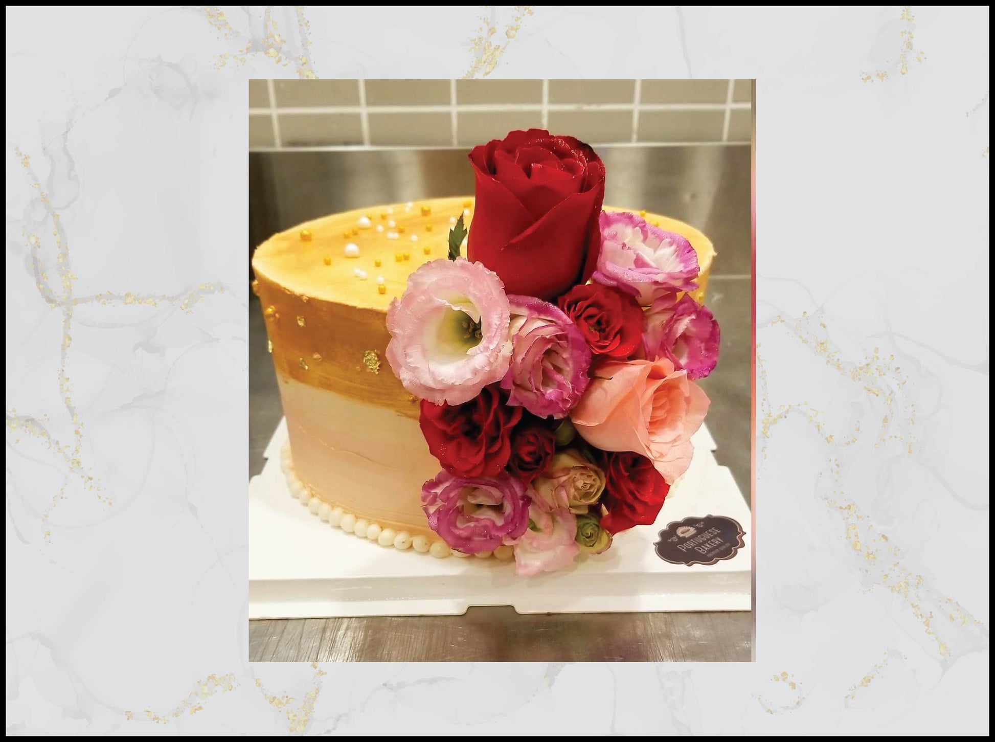 Gold and white flower cake with elegant luxury wedding design in Macau