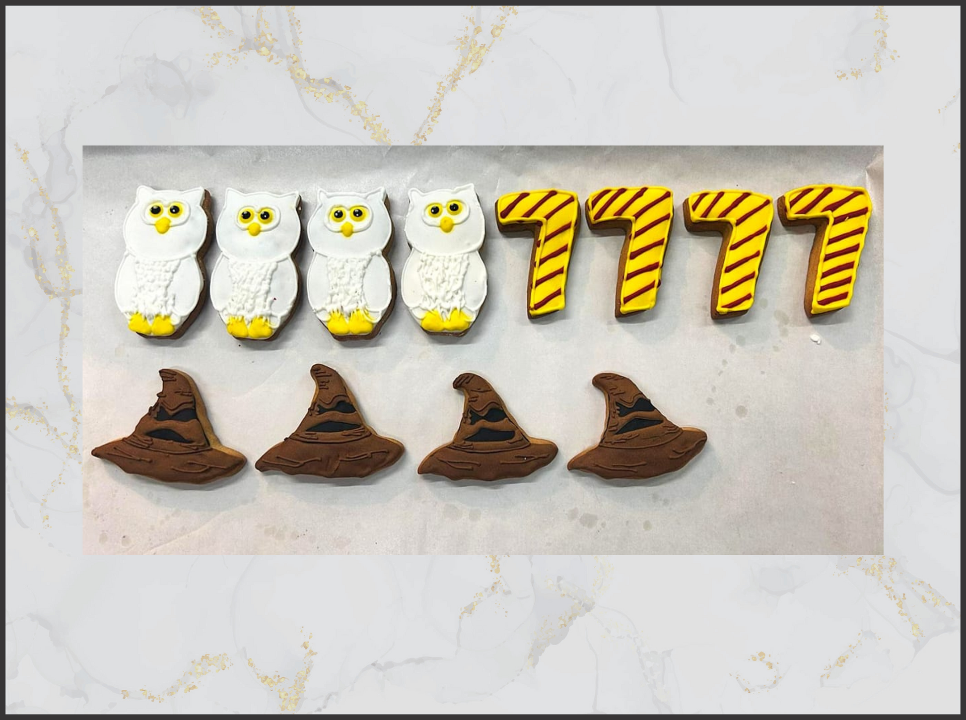 Decorative cookies shaped like owls, sorting hats, and striped candies harry potter macau cookies