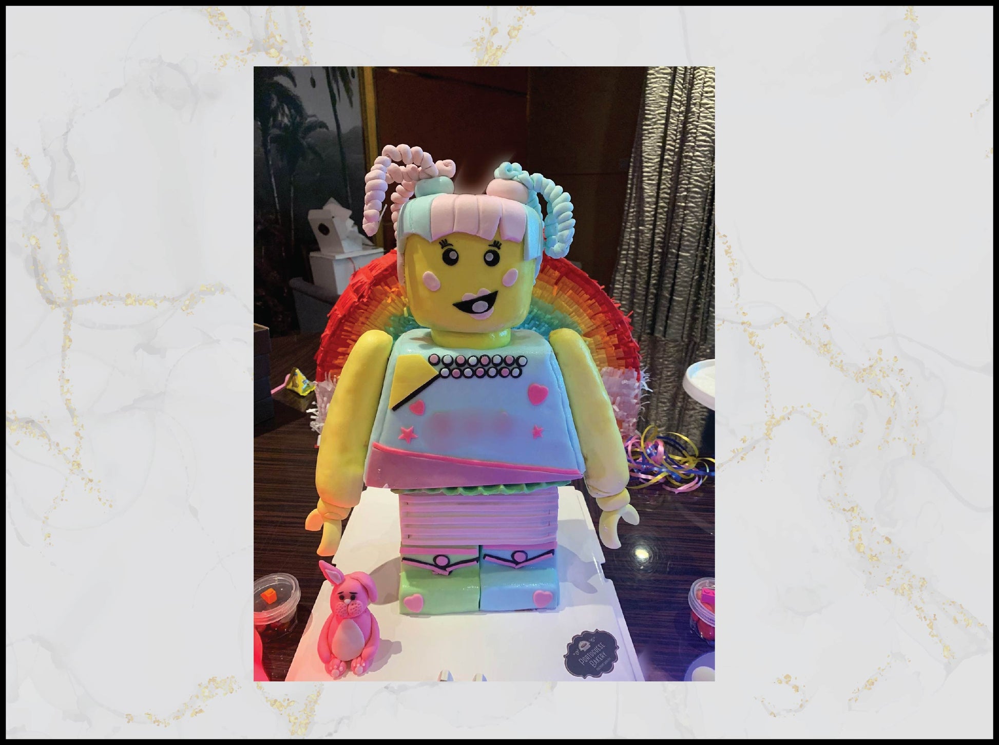 Lego girl standing cake with colorful building block birthday design in Macau