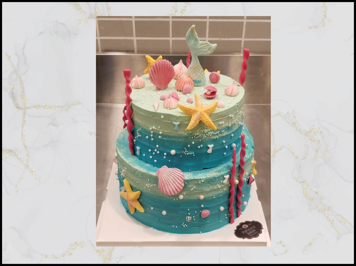 Mermaid 2 tier birthday cake with ocean and seashell design in Macau