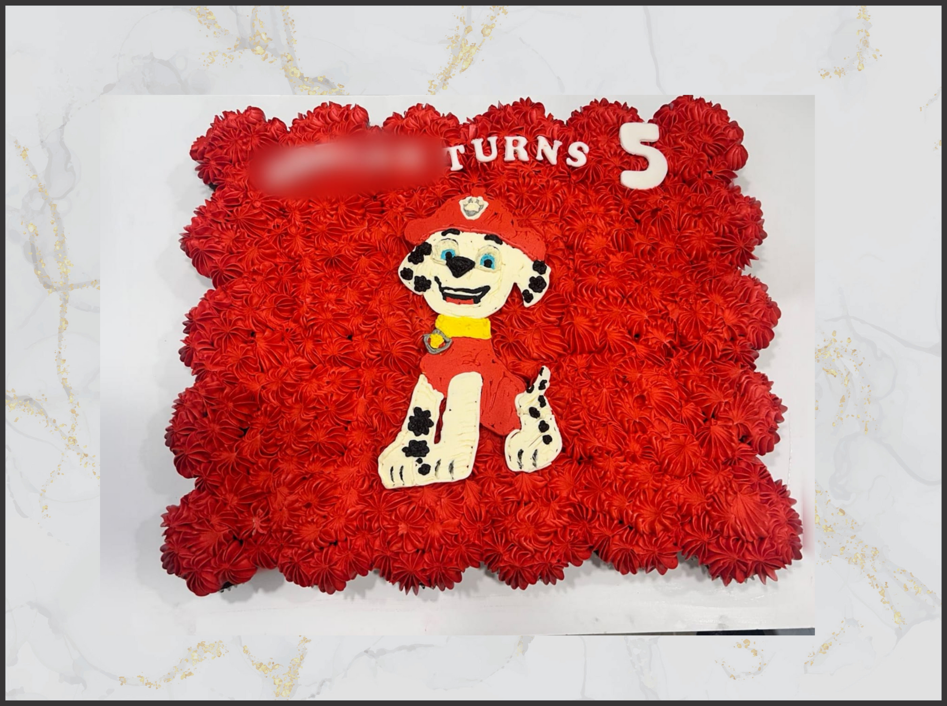 Red cake with cartoon character and 'Turns 5' macau cake bakery