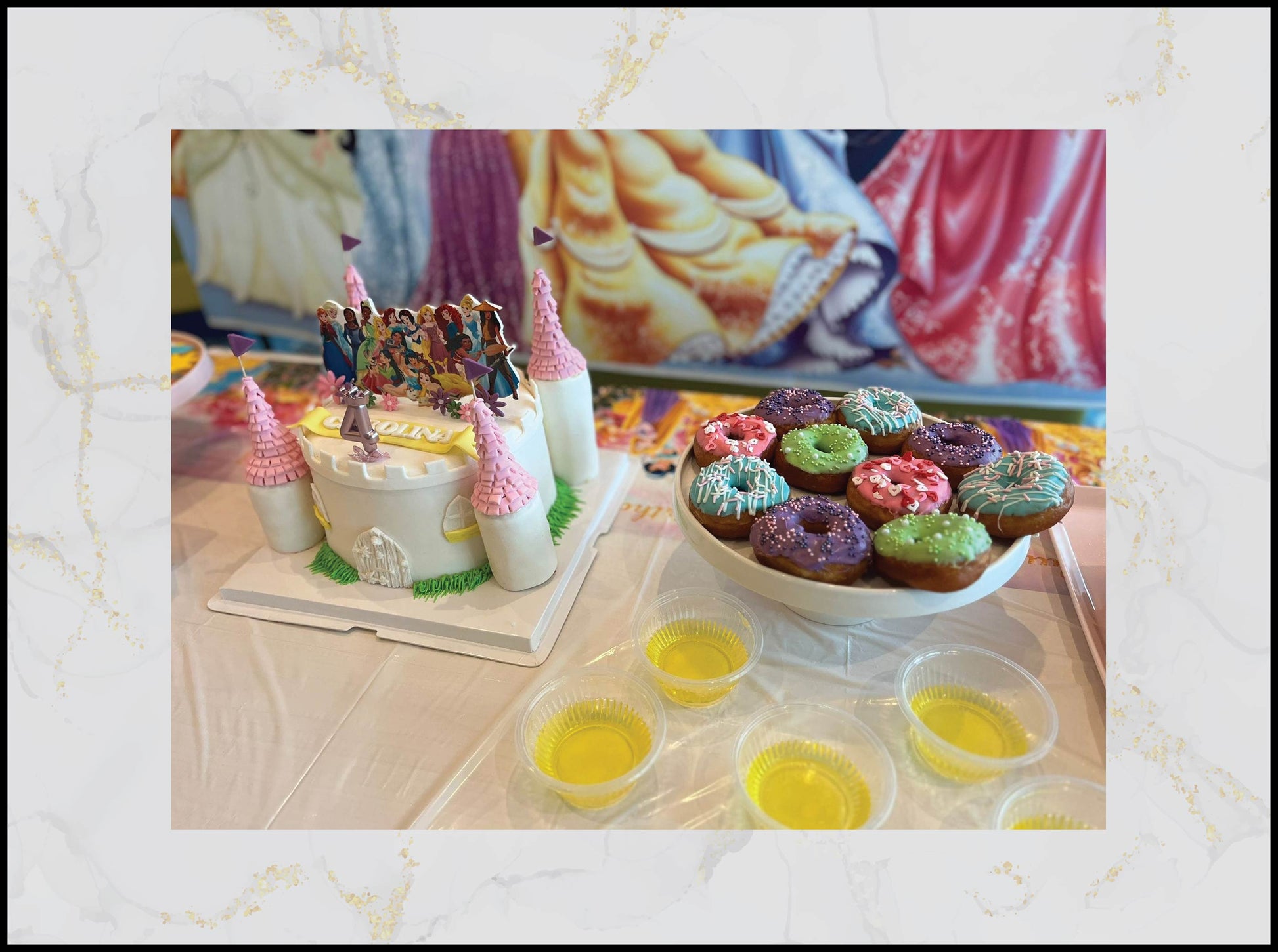 Princess cake and donuts with pink and gold birthday theme in Macau
