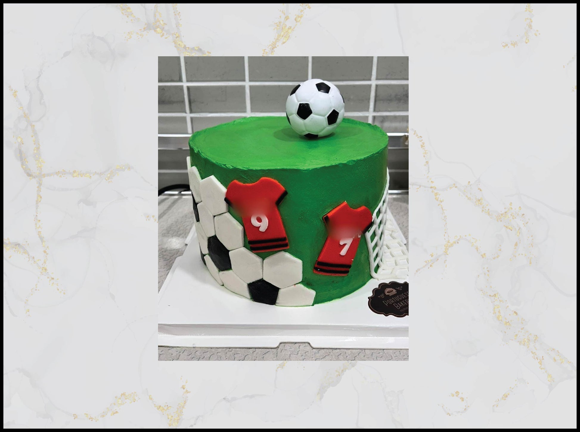 Green cake with soccer ball and jerseys macau cake