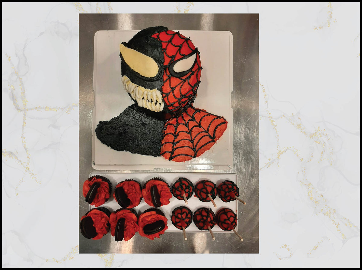 Spider‑Man Venom cake with red, black, and superhero birthday design in Macau
