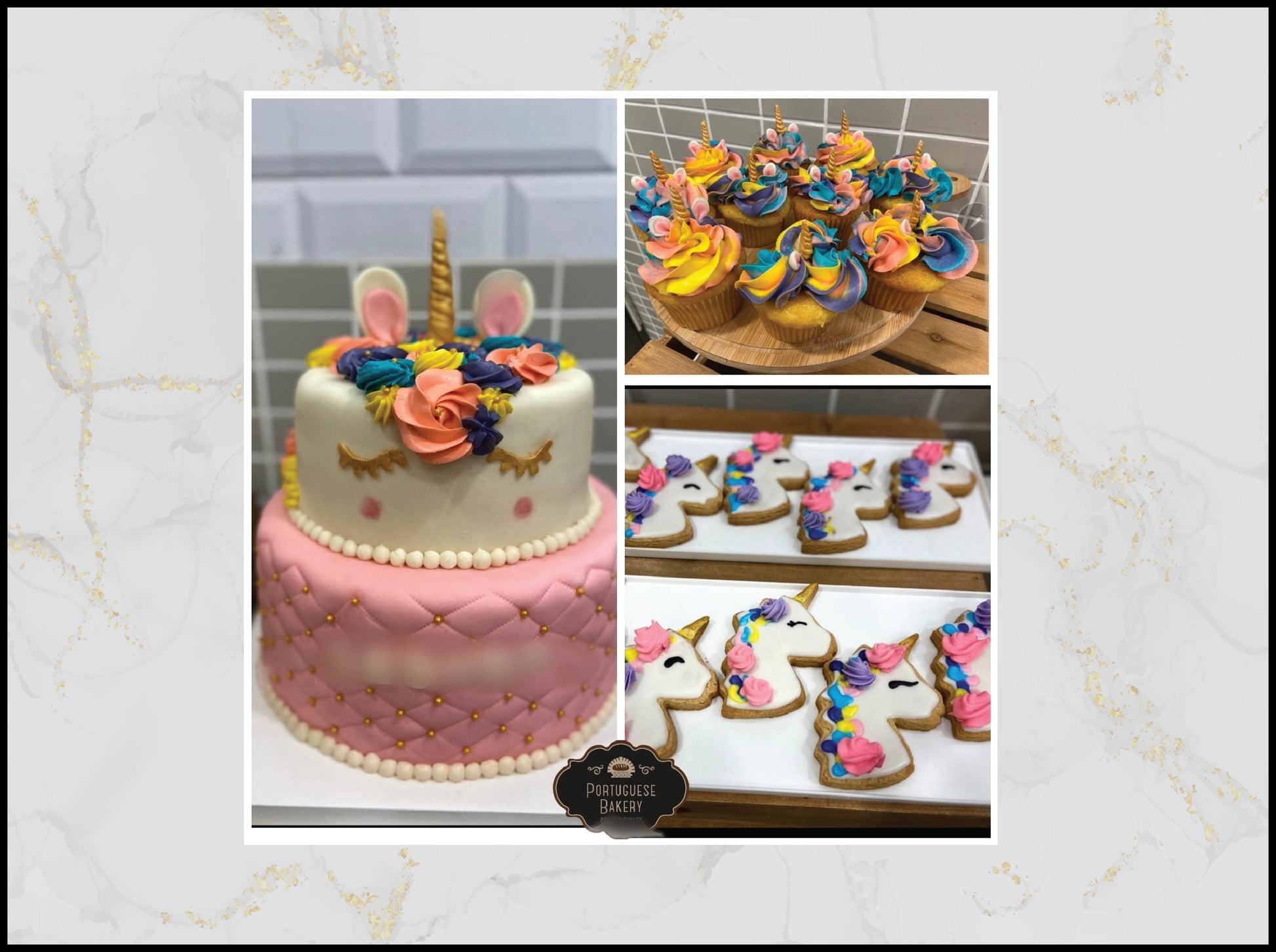 Collage of a unicorn-themed cake, cupcakes, and cookies macau bakery